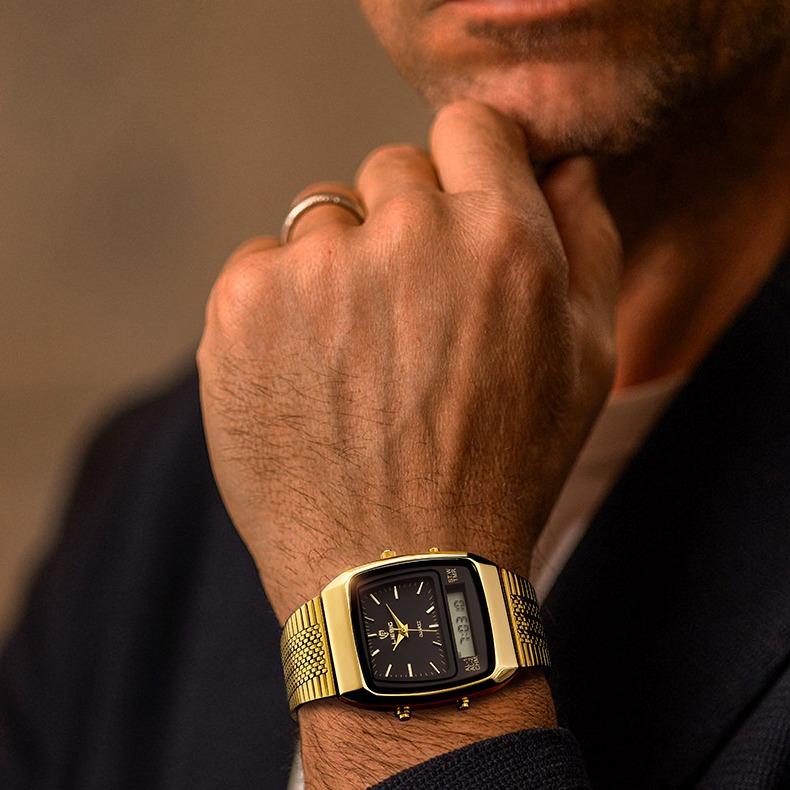 LIEBIG watches for men 34.5mm x 40mm x 10.5mm case 3ATM waterproof and scratch resistant mirror dual time zone fashionable gold watch multifunctional timing alarm clock digital sports watch couple's New Year gift