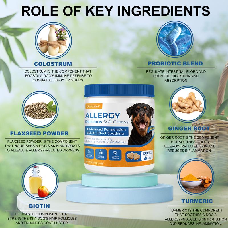 OurCares Generation 2 Dog Allergy Relief Chews  Support Seasonal Allergies Gut & Digestive Health With Colostrum Vitamin C Probiotic - Chicken Flavor - 120 Soft Chews Pet Daily Snacks
