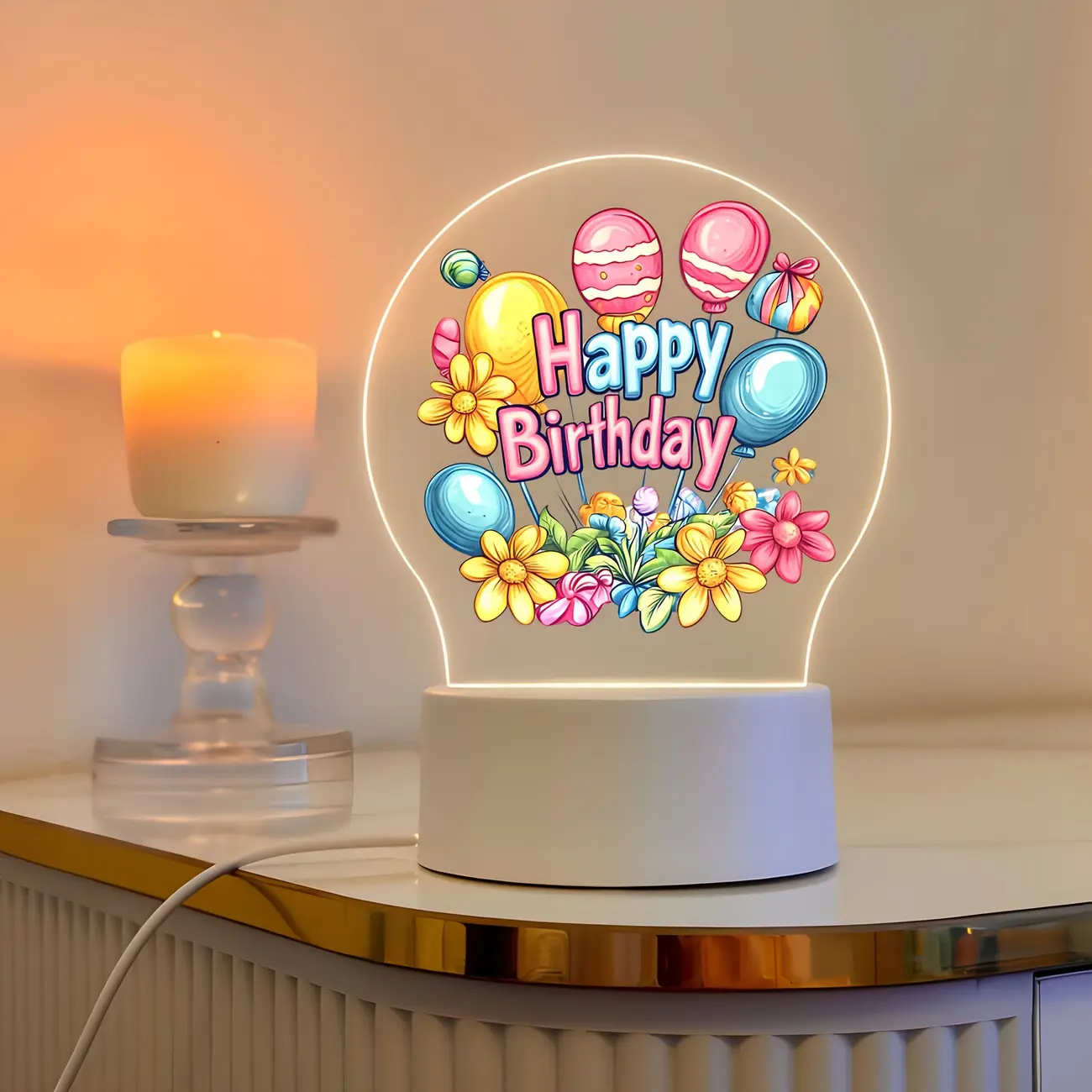 2D Flat Round Acrylic LED Table Night Light with Balloon Print & Floral Theme, Gentle Warm Indoor Decor Lighting, Sweet Birthday Keepsake Gift for Friends & Coworkers