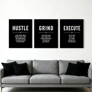 Framed Inspirational Wall Art Set of 3, HUSTLE GRIND EXECUTE Canvas Prints, Black Motivational Quotes Posters, Modern Wall Decor for Living Room Bedroom Office