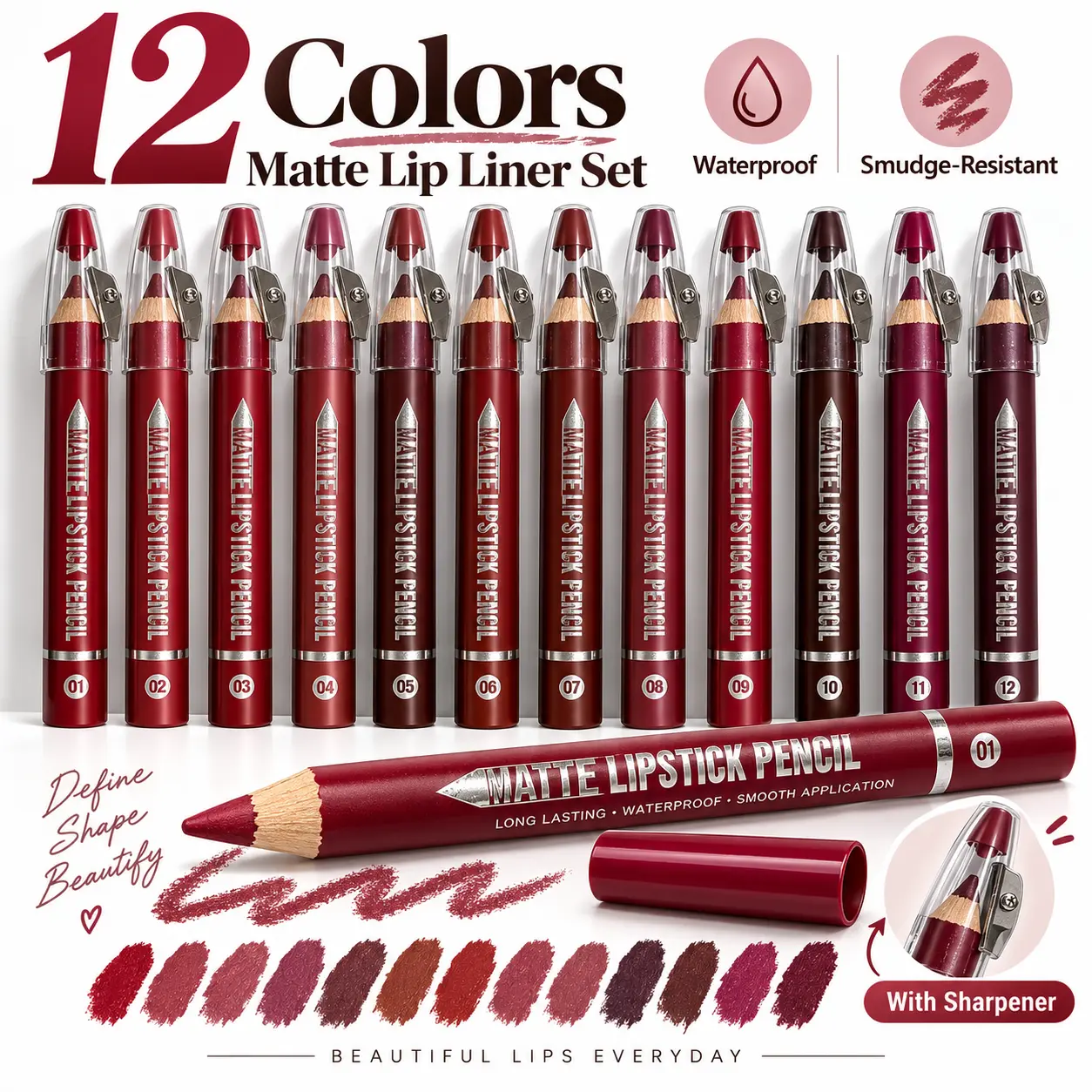 12 Pcs Matte Lip Liner Pencil Set with Built-In Sharpeners, 12 Colors Waterproof Lip Contour & Lipstick Pencils, Long Lasting Smudgeproof Makeup Set