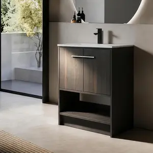 ARCH 30-Inch Bathroom Vanity with Ceramic Sink, Freestanding Floor Cabinet, 2 Soft-Close Doors, Water-Resistant Plywood, Dark Oak/Original Oak Options, American Design, Easy Assembly, Bathroom Storage Cabinet, Plywood Material, American Design Style