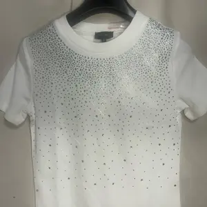 Rinestone Top - White Shirt with Sparkling Detailing and Crew Neck Design