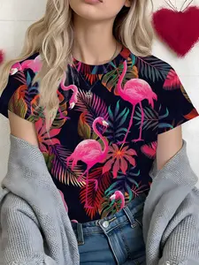 Women's Tropical Flamingo Full Print Short Sleeve T-Shirt, Summer Vacation Style, Rainforest Print, Trendy Piece