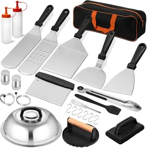 25 count Griddle Accessories Kit,  Flat Top Grill Accessories for Outdoor, Professional BBQ Griddle Tools Smash Burger Press Kit with Enlarged Spatulas Scraper, Basting Cover - PP Handle