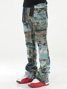 Rockstar Art Tapestry Stacked Flare Jeans Urban Streetwear