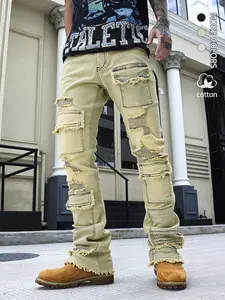 Men's Stacked Bell-Bottom Fitted Elastic Denim Jeans, Ripped Embroidered Vintage Effect, Casual Bell-Sleeve Style, Medium Stretch, All Seasons