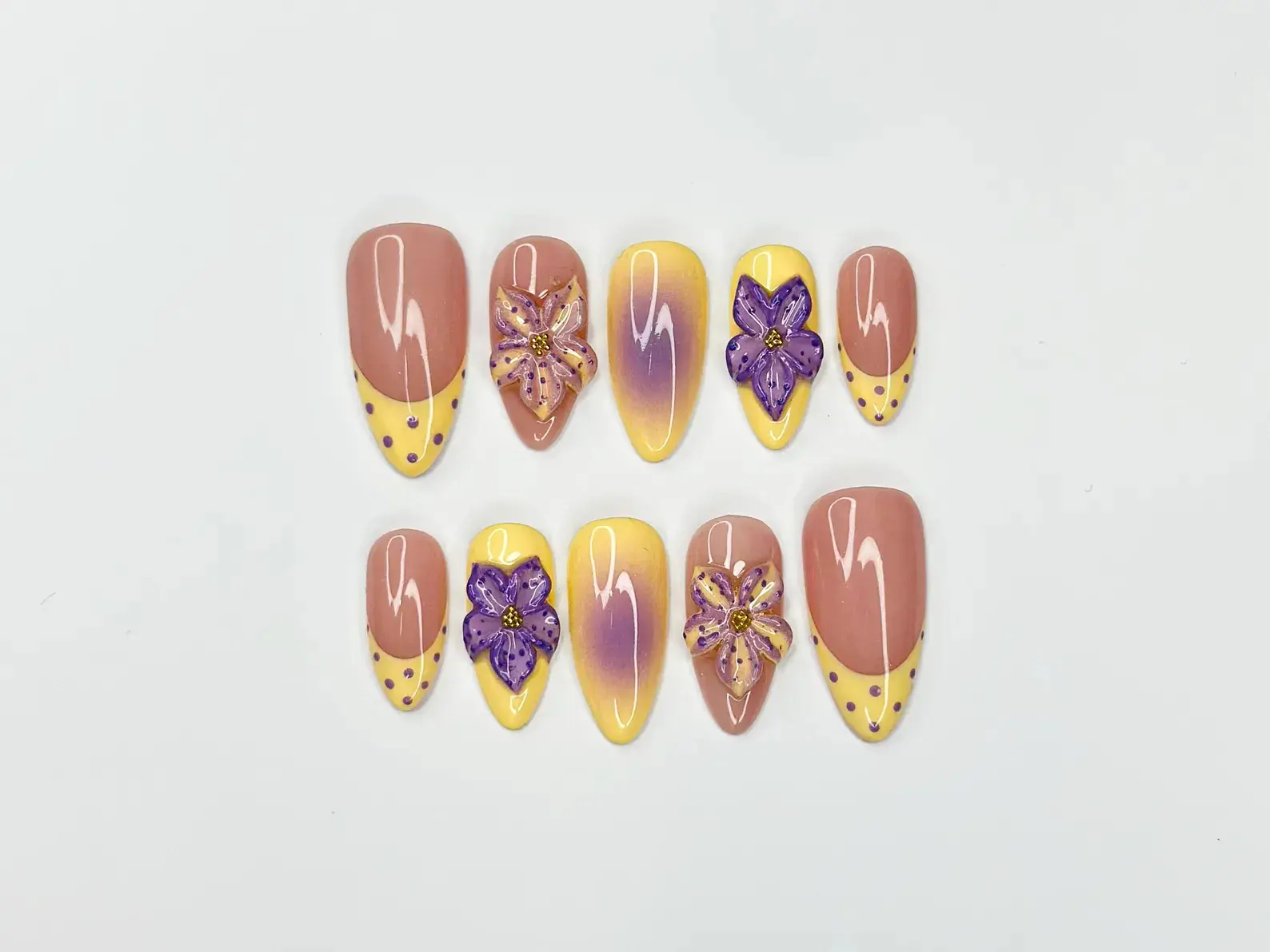 Pastel Sunset Bloom Press On Nails | 3D Purple Flower Nails | Yellow Ombre Nails | Soft Floral Nail Art | Elegant Almond Nails