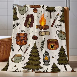 1pc a Cozy Flannel Throw Blanket Featuring a Playful Camping Design with Campfires, Logs, Lanterns, And Pine Trees. It'S Perfect for Use on a Bed, Sofa, Or During Outdoor Adventures And Travel