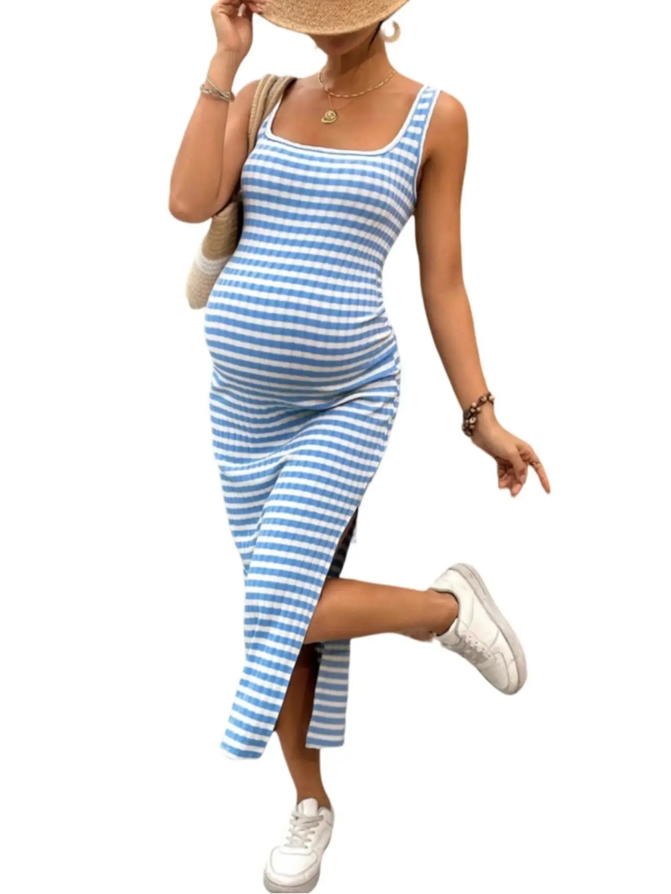 Maternity Striped Print Sleeveless Maternity Dress, Casual Pregnant Woman Dress for Summer, Maternity Clothes for Daily Wear, Maternity Clothing