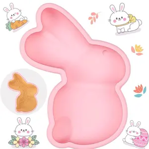 Chocolate Easter Silicone Molds, 3D Bunny Chocolate Mold, Large Size Rabbit Making Tool Non-stick DIY Mould for Easter Day Party Supplies, Cake, Jelly, Pudding, Diy Handmade Kitchen Tool (Pink)
