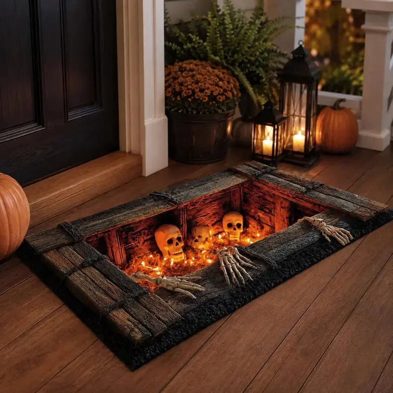 3D Optical Illusion Skull Pit Doormat, Skeleton Grave Underground Pit Floor Mat, Creepy Skull Horror Doormat, Spooky Entryway Halloween Home Decor