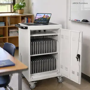 Durable Mobile School Charging Cart Organiser with 30+2 Bay Racks, Wheels, Steel Construction, 20x21x38in Dimensions, Included Power Strip for Chromebooks, Tablets, Laptops - White, Assembly Required Folding Trolley Cart Foldable Wagon Cart