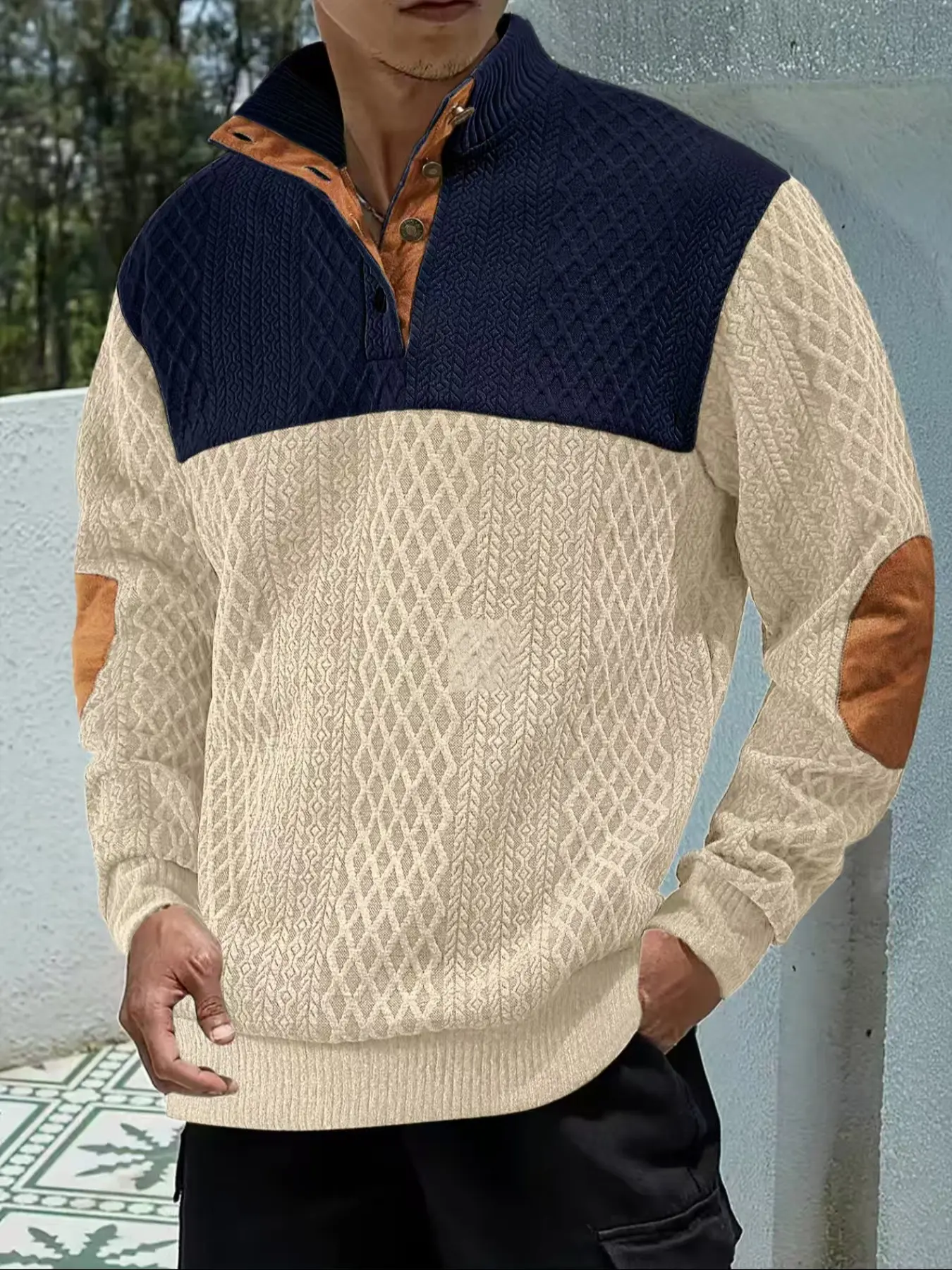 Men's New Casual Sportswear Sweatshirt, Jacquard Fabric, Casual Fabric Knitwear, Polyester, Fashion Colorblock Design, Long Sleeve, Fitted, Winter Warm Pullover, All Seasons
