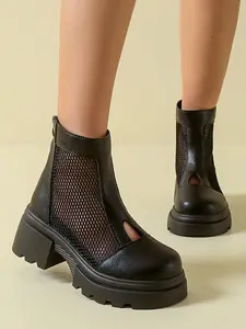 Cool Mesh Panel Chunky Heel Ankle Boots for Women, Breathable Lug Sole Booties for Casual Outings