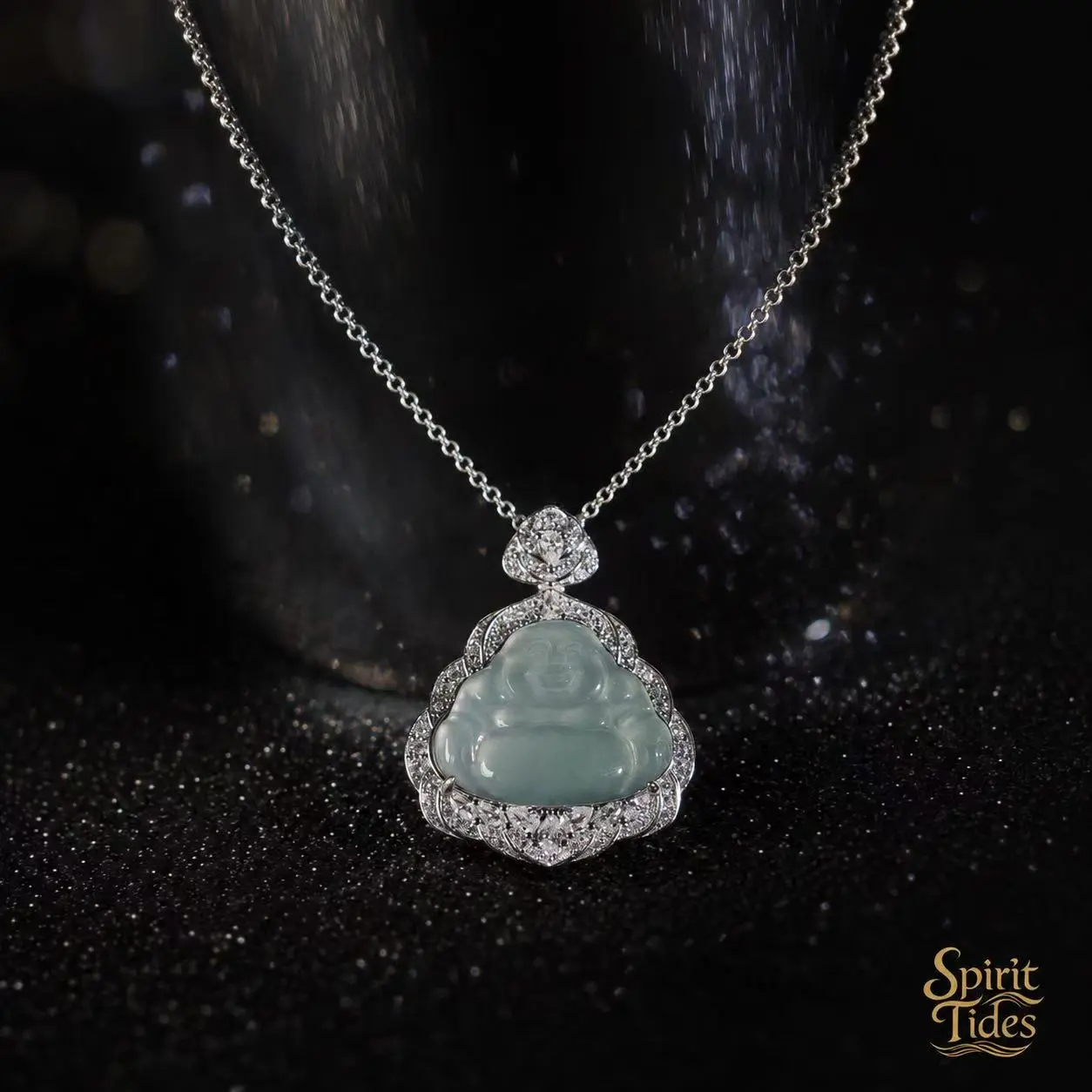Natural Grade A Burmese Jadeite Laughing Buddha Pendant High Ice Translucent Green Pavé Set Fortune Wealth Protection Necklace