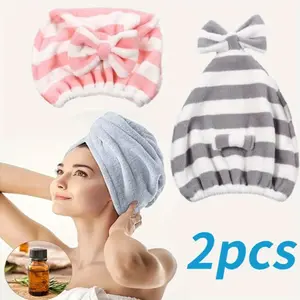 2 Pcs Large Microfiber Hair Towel Cap,Rapid Drying Towel For Hair,Ultra Soft Super Absorbent Hair Drying Towel Turban,Cute Gray&Pink Bow Hair Towel Wrap,Hair Drying Towels For Women Fast Dry