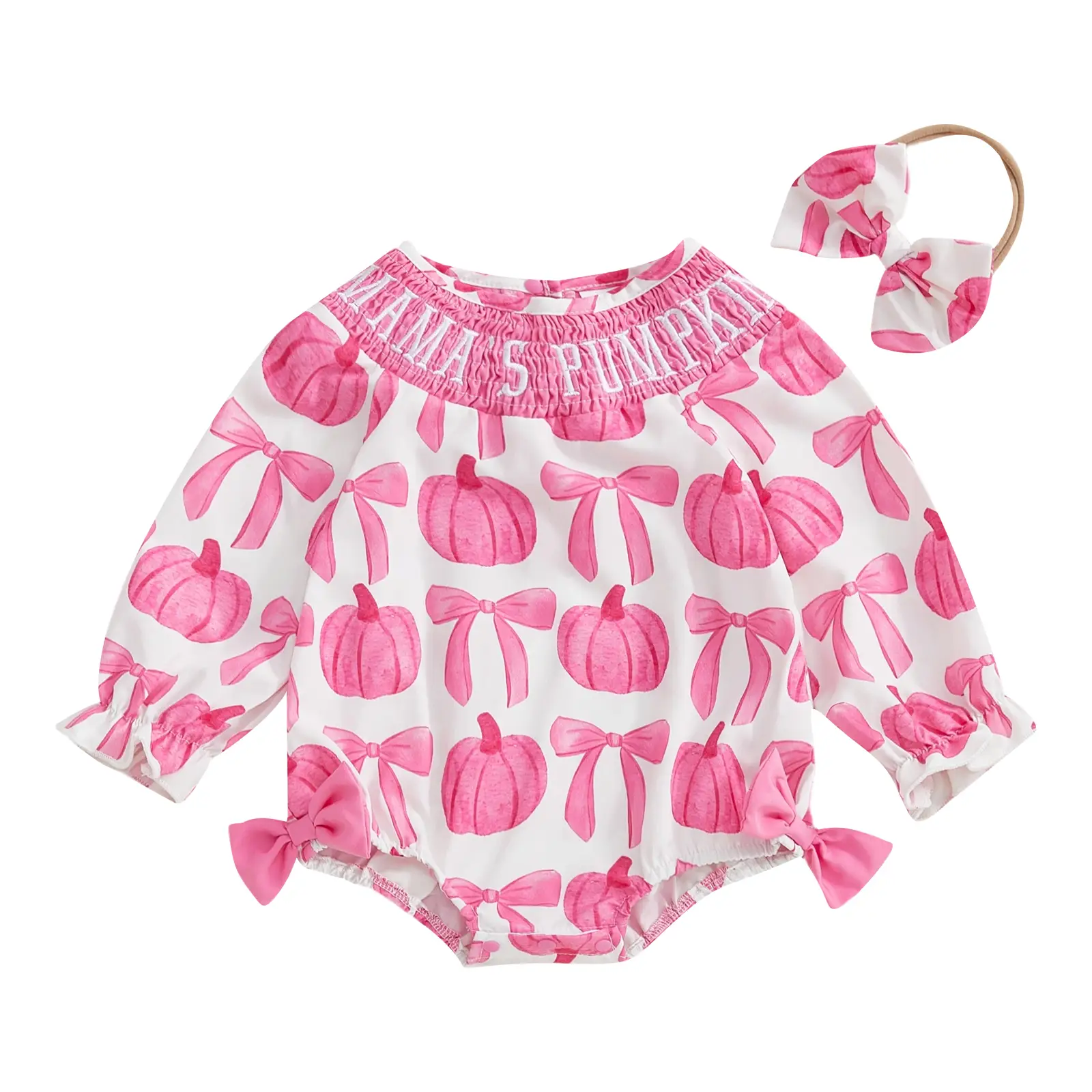 REDWOON My 1st Halloween Newborn Infant Baby Girl Bubble Romper Mamas Pumpkin Embroidery Bow Puff Long Sleeve Smocked Bodysuit with Headband Cute Fall