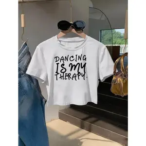 Dancing Is My Therapy Graphic Crop Tee Women Cute Trendy Short Sleeve Crewneck Casual Summer Streetwear Soft Comfy Top For Dance Class Workout Festival