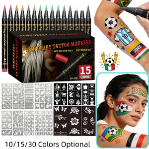 Temporary Tattoo Markers for Skin, Skin Safe, 10/15-Count Body Markers 10/15-Color Tattoo Pens, Flexible Brush Tip, Bright Colors, Cosmetic Quality Face Paint Kit, Perfect Christmas Gifts