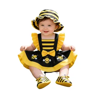 2026 New 2pcs Newborn Baby Girl Summer Outfit| Striped Polka Dot Bee Print Romper with Sun Hat Set