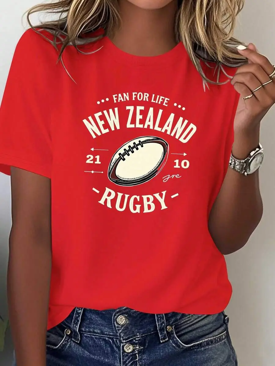 New Zealand Rugby Fan Women's Pure Cotton Comfortable T-Shirt, Match Day Apparel, Fan Merchandise, Geometric Pattern Shirt, Sports Casual Style, Comfortable Material, Women's Sports T-Shirt, Female Rugby Fan Winter Clothes For Women