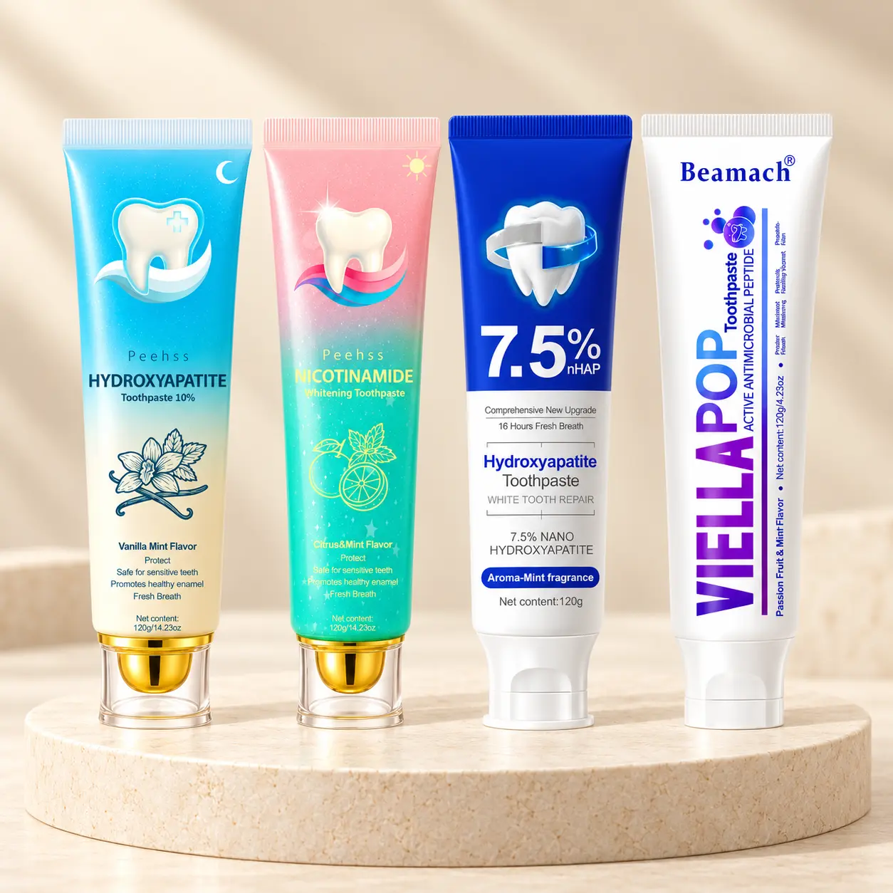 BEAMACH 4-Piece Multi-Pack Oral Care Products: VIELLA POP Purple Gel, Hydroxyapatite Paste, 10% Hydroxyapatite + Niacinamide Brightening Toothpaste - Anti Plaque, Stain Removal, Teeth Repair, Breath Freshening, Hypoallergenic Natural Formula
