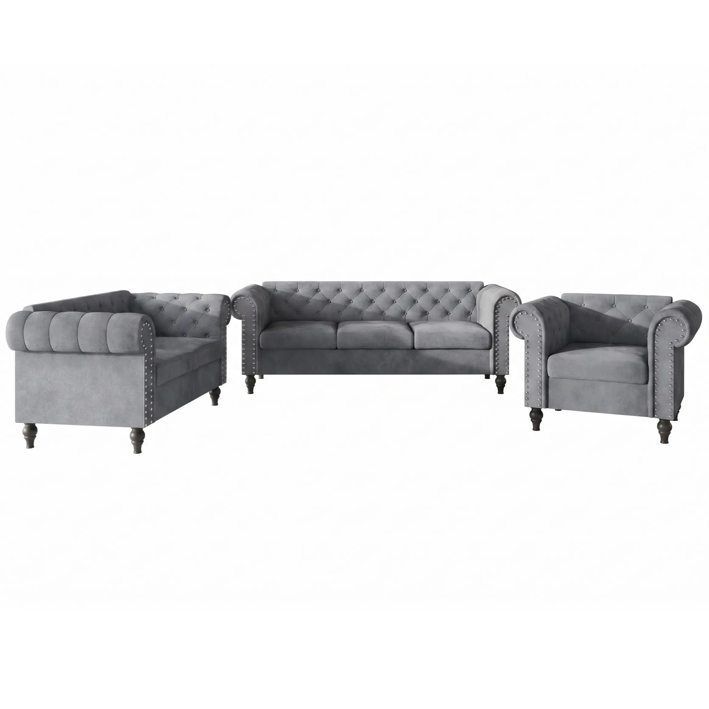 Favorer Kelso 3-Piece Velvet Living Room Set With Rolled Arm Chair, Loveseat and Sofa, Deep Button Tufting and Turned Legs