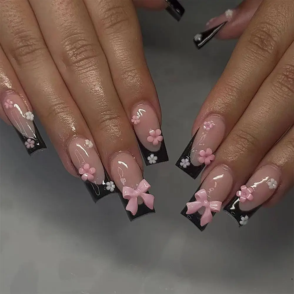 Fashion Press on Nails, 24pcs/set Cute Rabbit & Flower Design Press on Nail, Summer Gift, Fall Gift, Nail Transitions, Christmas, Christmas Gift