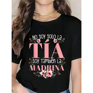 Spanish Phrase T-Shirt "No Soy Solo La Tía Soy La Madrina" - Bold Spanish Text Print, Lightweight Breathable Short Sleeve Round Neck Tee Suitable for Spring Summer Fall, Casual Casual Attire & Athleisure Outfits