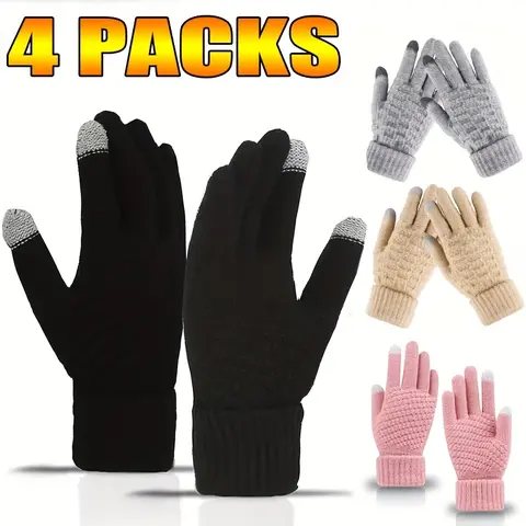 Unisex F-Tip Touch Screen Knit Gloves, 4 Pairs Warm Cold-Weather Casual Fashion Gloves, Knit Fabric, Keep Warm, Available in Black, Gray, Beige, Pink