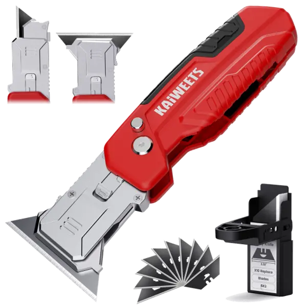 [Live] KAIWEETS 2-in-1 Retractable Utility Knife Scraper, Heavy-Duty Zinc Alloy Body, Folding Box Cutter with Blade Storage, SK2 Black Replacement Blades, EDC Tool for Home, Office Hardware Cutting