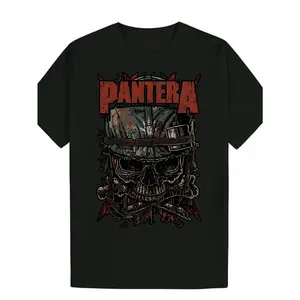 Men'S Black Pantera Graphic T-Shirt - Summer Casual Crew Neck Polyester Tee With Skull & Gear Design, Machine Washable, Rock Band Style, Casual Outings Attire | Edgy Graphic Tee | Polyester Tshirt