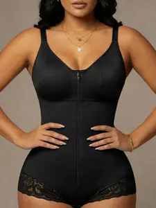 1 Count Women's Lace Abdominal Control Hip Lifting Jumpsuit, Fajas, Colombian Shapewear, Medium Support And High Elasticity Shapewear Bodysuit, Solid Color Comfortable Zipper Closure Body Shaper, Suitable For Daily Wear, Everyday Wear Shapewear