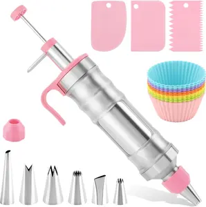 24Pcs Dessert Decorating Syringe Set, Stainless Steel Frosting Piping Kit with 6 Piping Tips, 12 Silicone Cups, Piping Bags for DIY Cupcake Baking Decorating