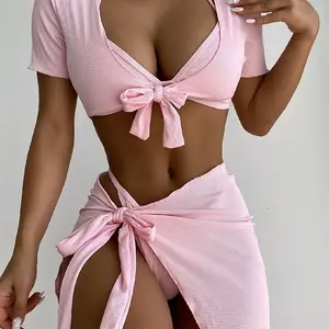 4pack Rib Triangle Bikini Swimsuit & Cover Up Set
