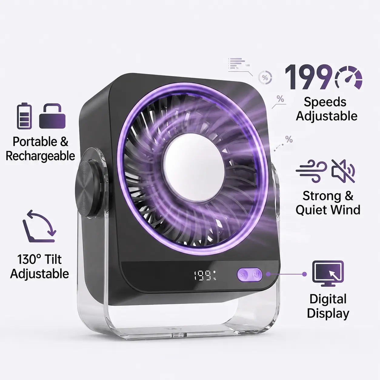 Portable Desk Fan with 199 Speeds, Powerful Turbo Airflow & Smart LED Display, Quiet Rechargeable Personal Fan for Summer Cooling