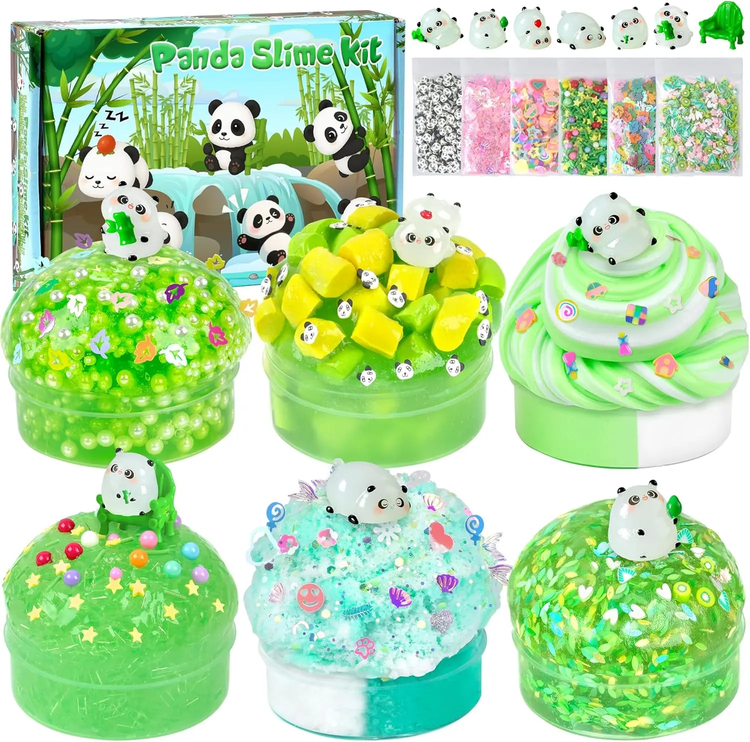 Summer Spring Gift Panda Slime Kit 6×100ml, 20oz Total, Cloud, Butter, Clear & Glow in The Dark Slime Variety Pack for Kids & Adults, Stress Relief Sensory Toys, Fun Birthday Halloween