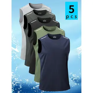 Men’s 5-Pack Reflective Quick-Dry Breathable Sleeveless Tank Tops – Sweat-Wicking Fitness Running Casual Sports Shirts, Crew Neck Striped Design Fashion Fabric