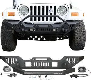 Front Bumper for Wrangler TJ 1997-2006 | Full Width Heavy Duty Steel Off-Road Bumper with 2 LED Lights | Bolt-On Installation, No Cutting | Black Powder Coat