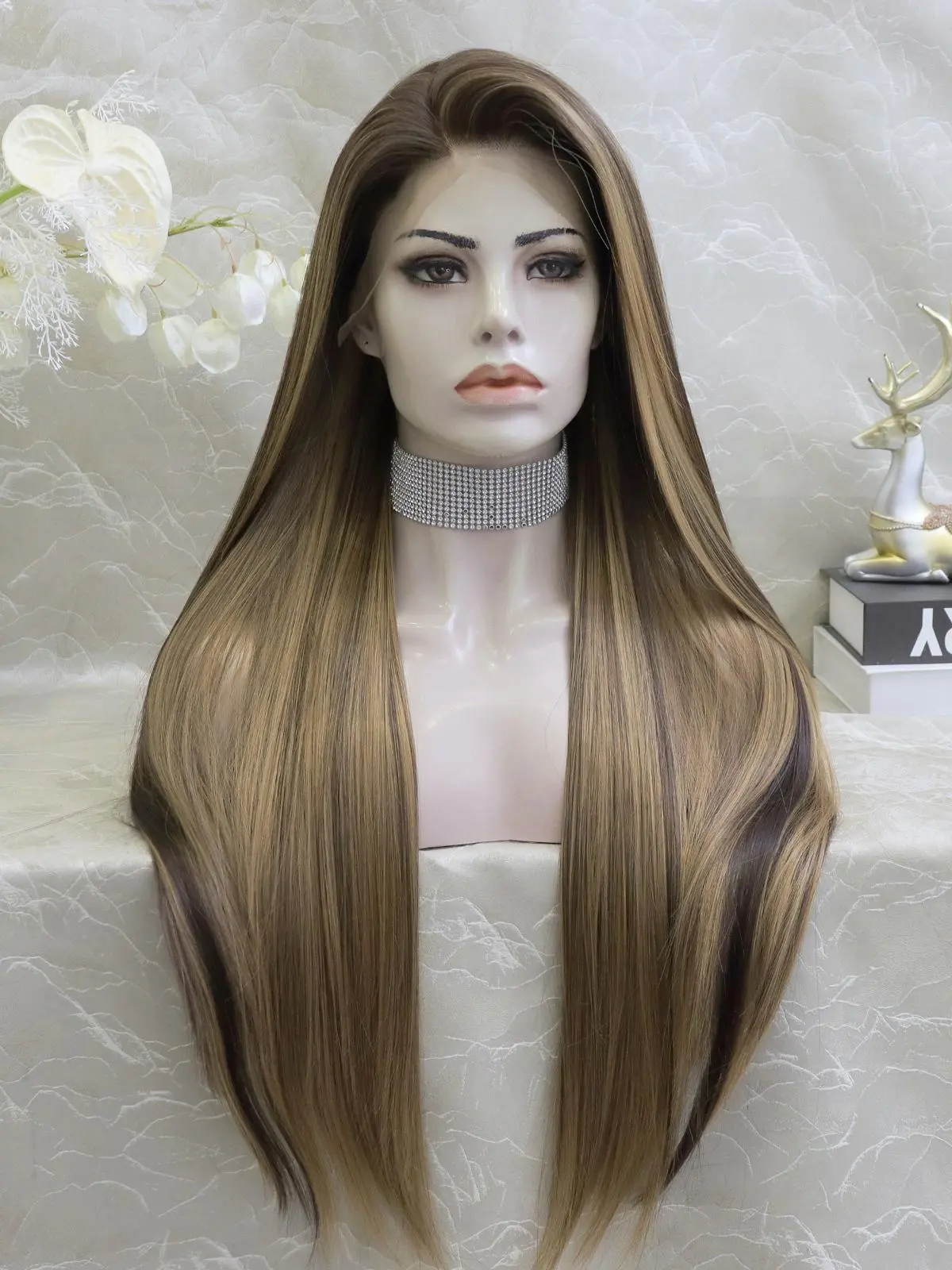 IMstyle Margot Chestnut Brown with Golden Highlights Long Straight Lace Front Synthetic Wig 13*4 Free Parting Daily Style