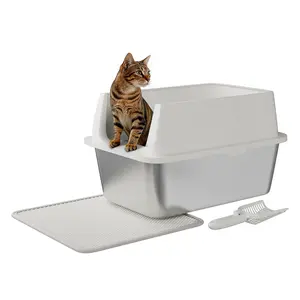 Litter Box with Lid, Large Enclosed Cat Litter Box for Big Cats, Stainless Steel Cat Box with High Sided Enclosure & Scoop&Litter Mat
