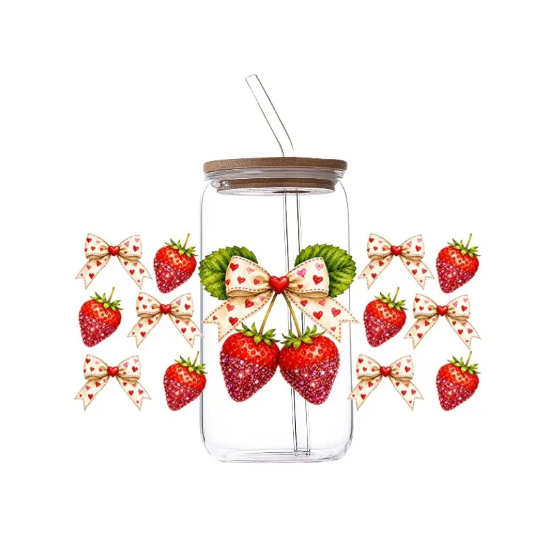 UV DTF Cup Decal Wraps - 8 Coquette Strawberry Cherries Fruit Themed Cold Apply DTF Film Sheets, 16 oz Glass Tumbler Waterproof Decor, DIY Home Supplies, Summer Gifts