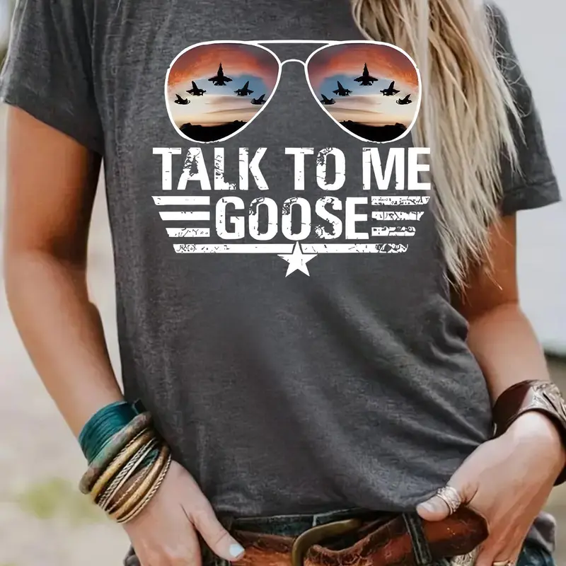 Women's "talk To Me Goose" Graphic Print Round Neck Tee, Vintage Trendy Streetwear Casual Fitted Breathable Short Sleeve T-shirt, for Daily Wear, Ladies Summer, Womenswear, Graphic Shirts