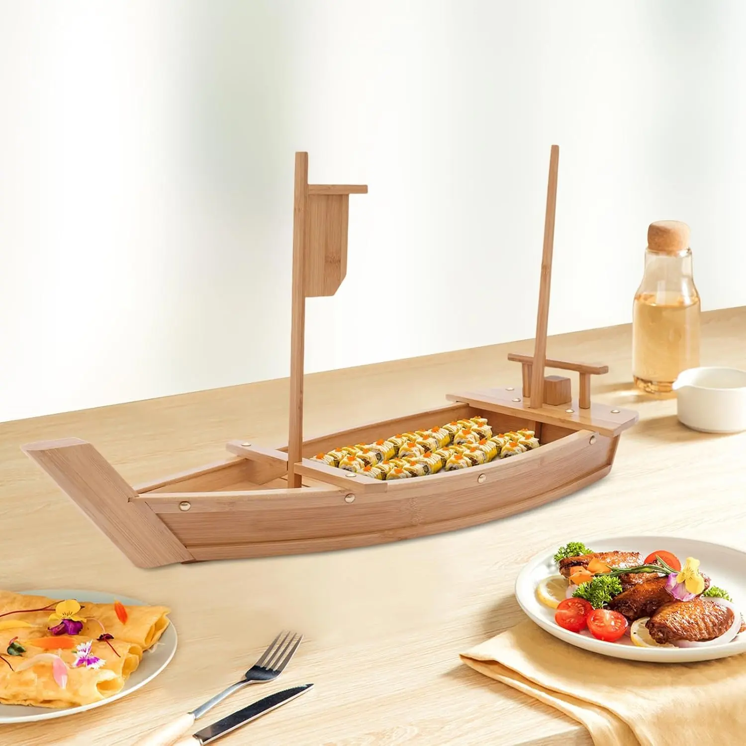 Wooden Sushi Serving Boat Tray, 27.6×9.4 inch Sushi Boat Serving Tray, Sushi Making Kit,Handcrafted Bamboo Boats Display Tray for Restaurants & Home, Rustic Log Design with Dry Ice Smoke Effect
