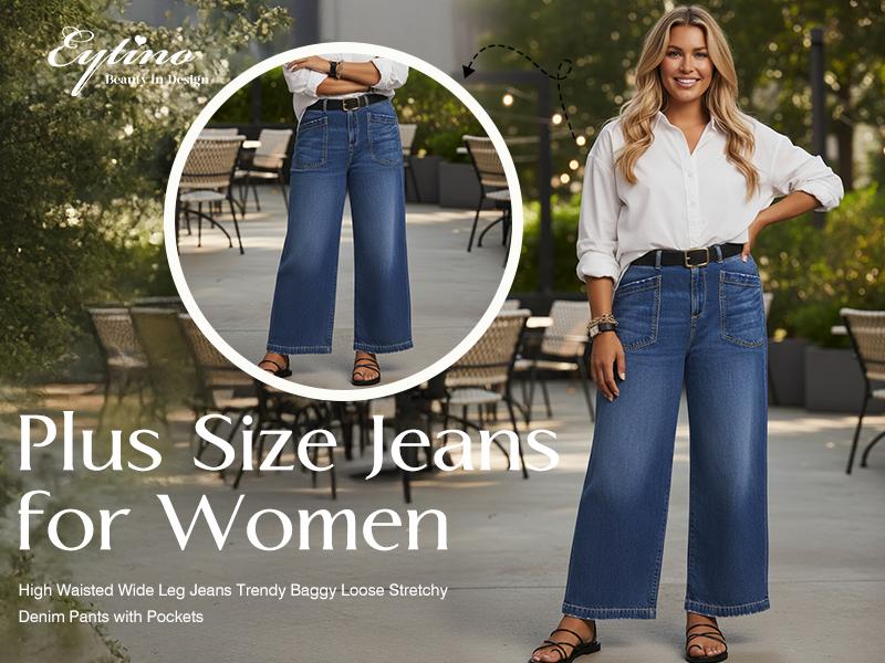 Eytino Plus Size Jeans for Women High Waisted Wide Leg Jeans Trendy Baggy Loose Stretchy Denim Pants with Pockets(1X-5X)