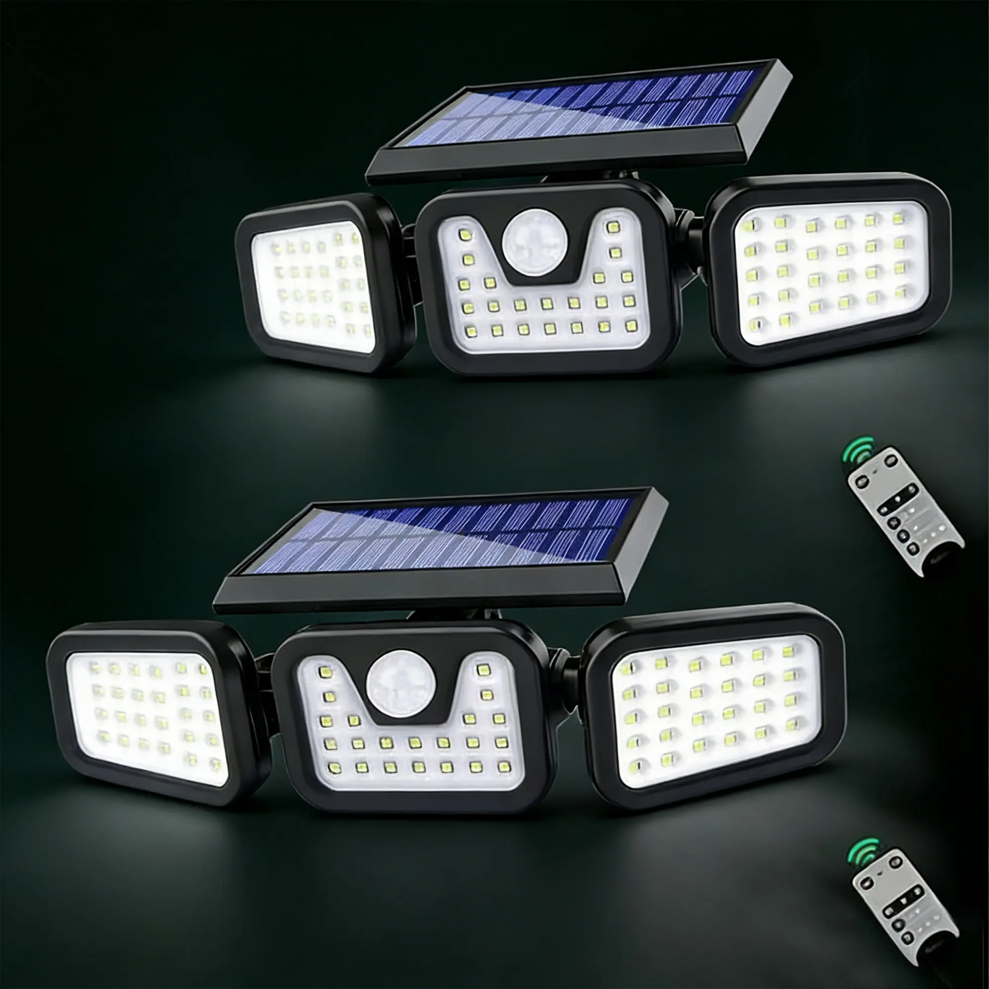 High Brightness 2-Pack Solar Security Lights 2500 Lumens 210 LED 3-Head 270° Wide Angle IP65 Waterproof Remote 3 Modes for Yard Camping Patio Wireless Solar Auto-on at Dusk Motion Activated
