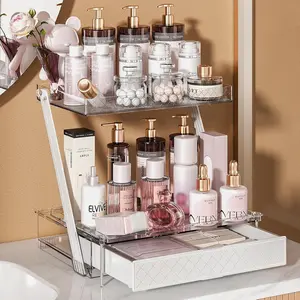 2-Tier Z-Shaped Bathroom Countertop Organizer with Sliding Tray and Drawer for Skincare Makeup and Perfume Acrylic Storage for Dresser Office or Desk
