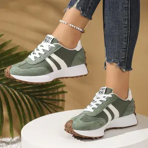 Women's Retro Stripe Platform Sneakers, Color Block Suede Casual Walking Athletic Shoes