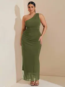 ZENIE Plus Size Satin Asymmetric Off Shoulder One Shoulder Maxi Dress Olive Green Elegant Holiday Party Wedding Guest Bridesmaid Birthday Valentine Summer Outfit